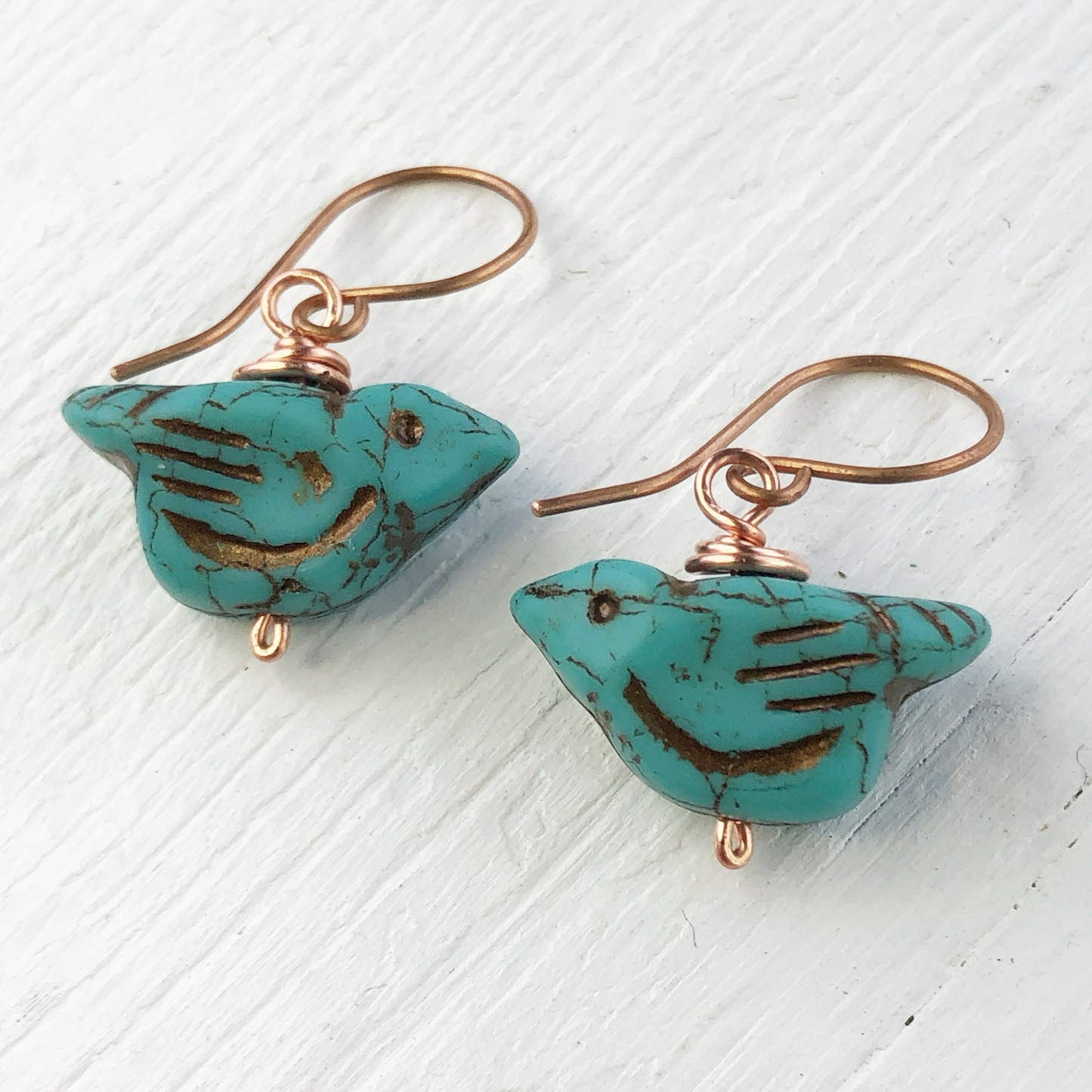 Rustic Turquoise Glass Bird Earrings, Copper Wire Wrapped