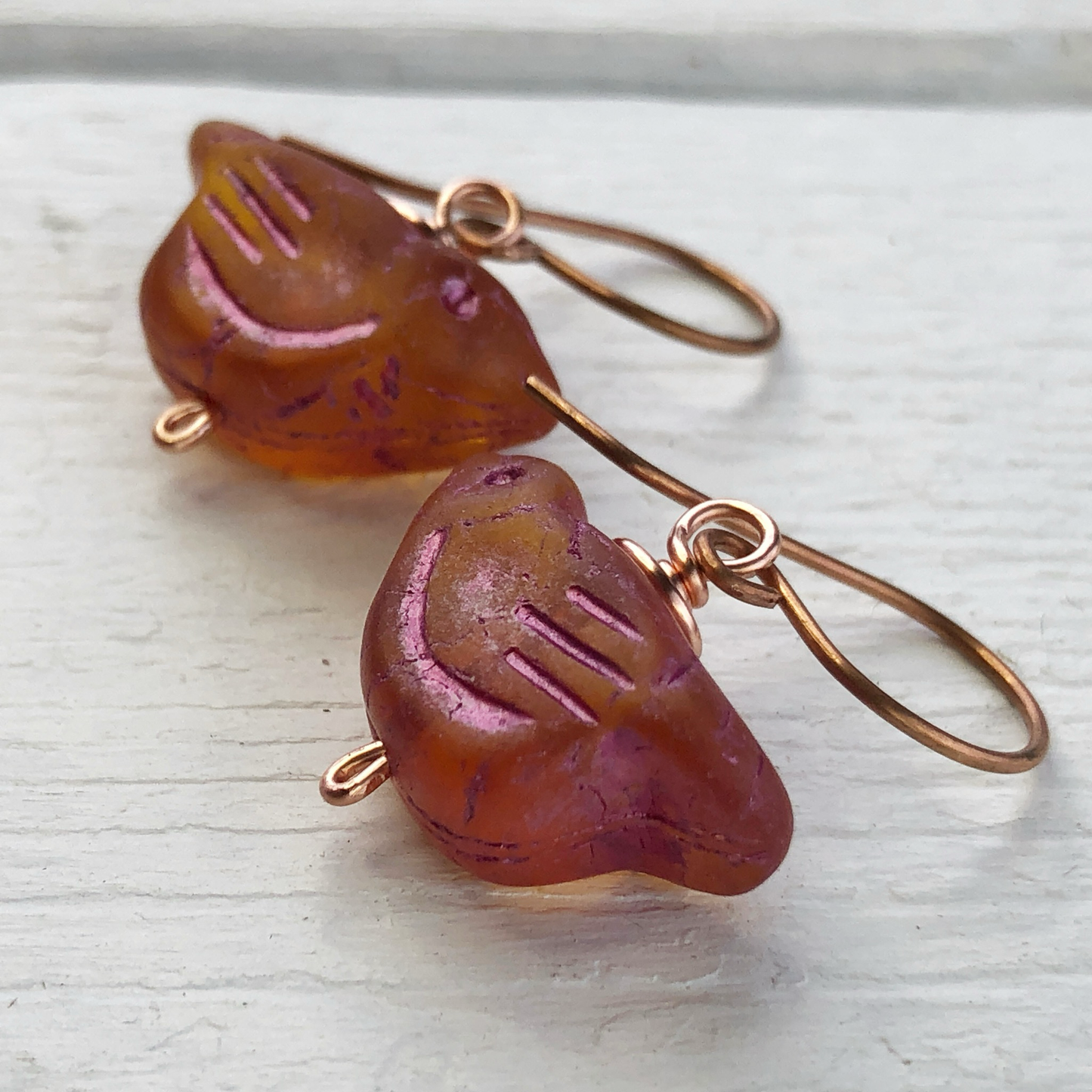 Blood Orange Glass Bird Earrings, Copper Wire Wrapped
