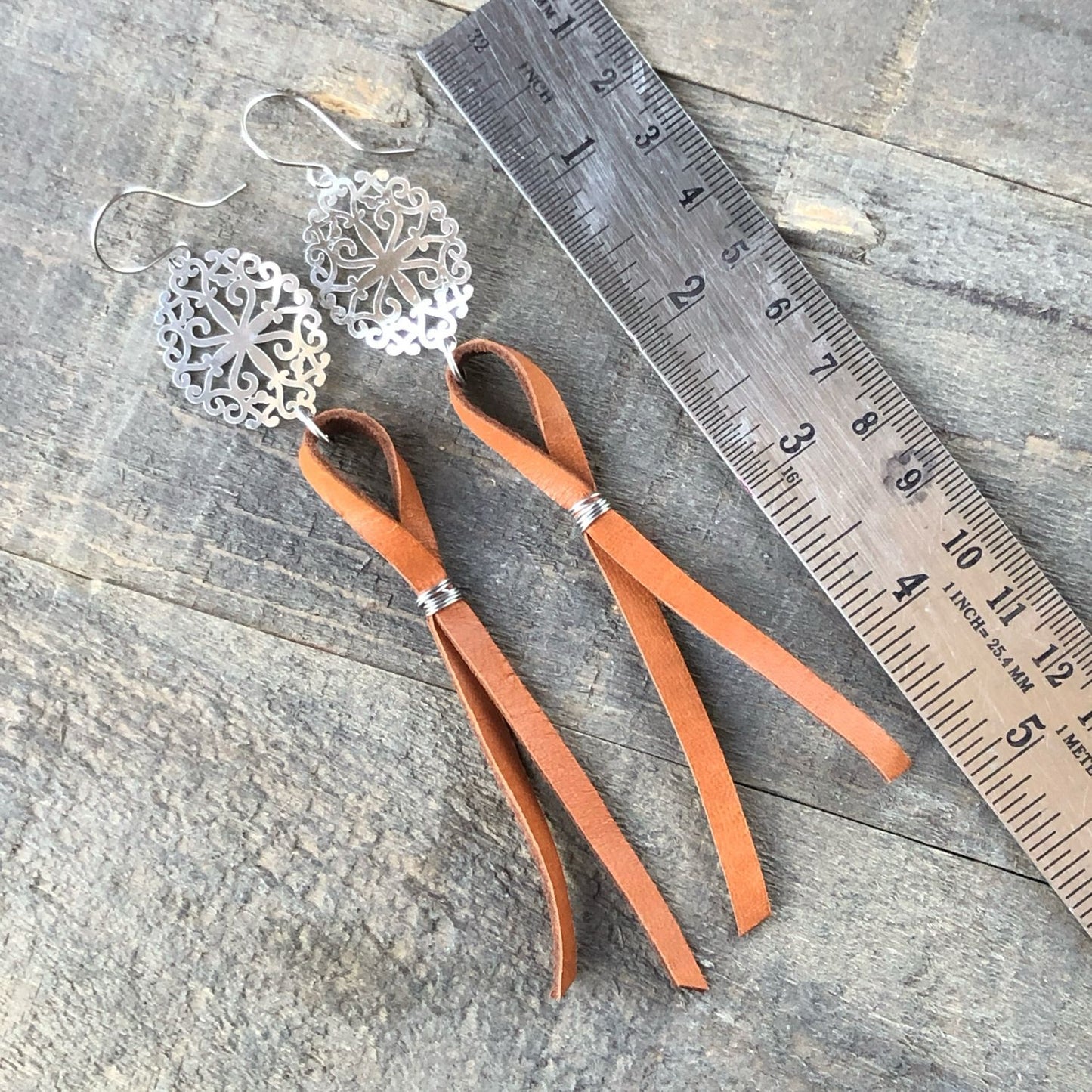 Stampede Earrings, Bolo Inspired Filigree with Leather