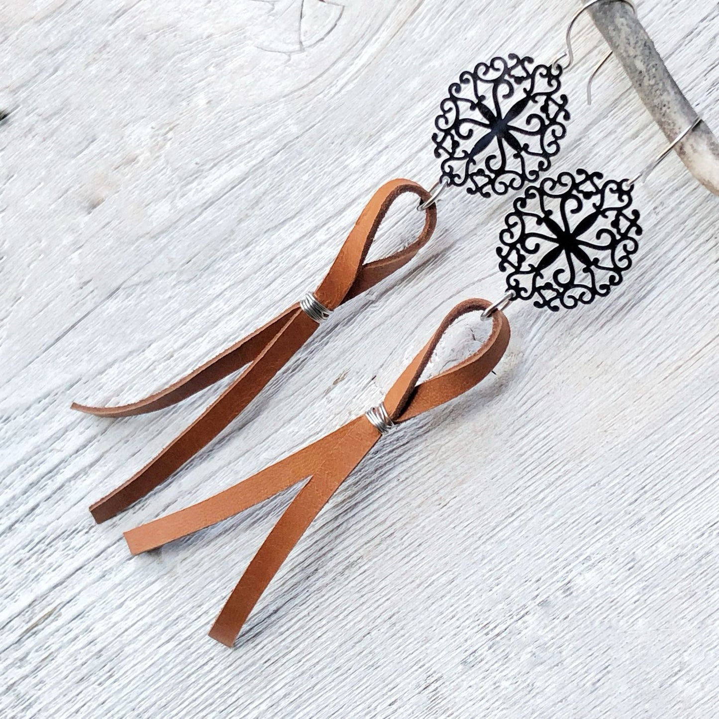Stampede Earrings, Bolo Inspired Filigree with Leather