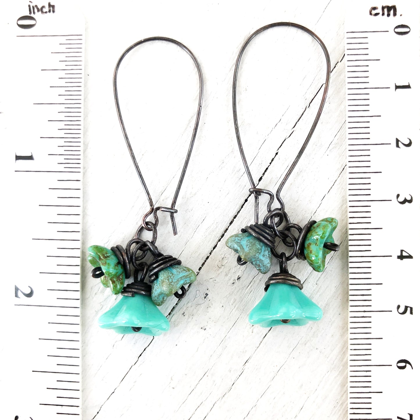 Turquoise Glass Flowers Copper Wirework Earrings