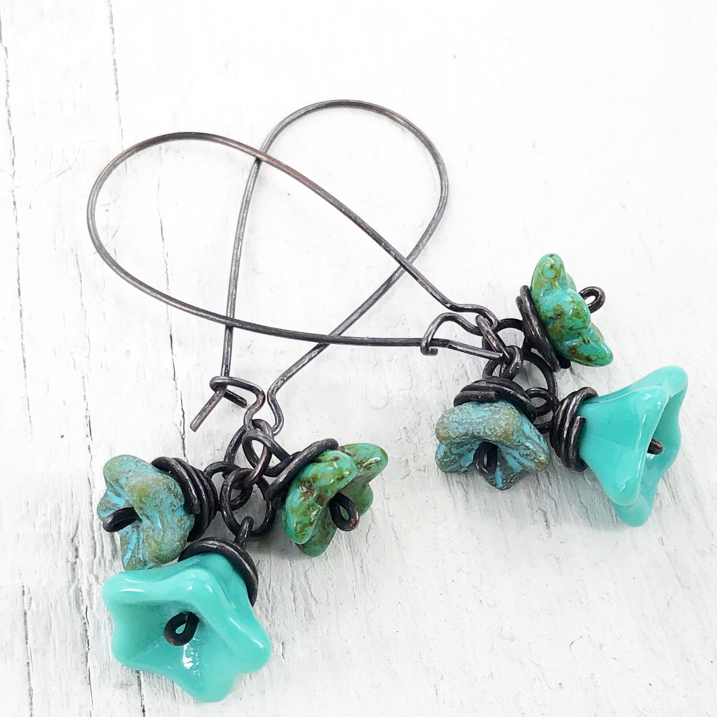 Turquoise Glass Flowers Copper Wirework Earrings