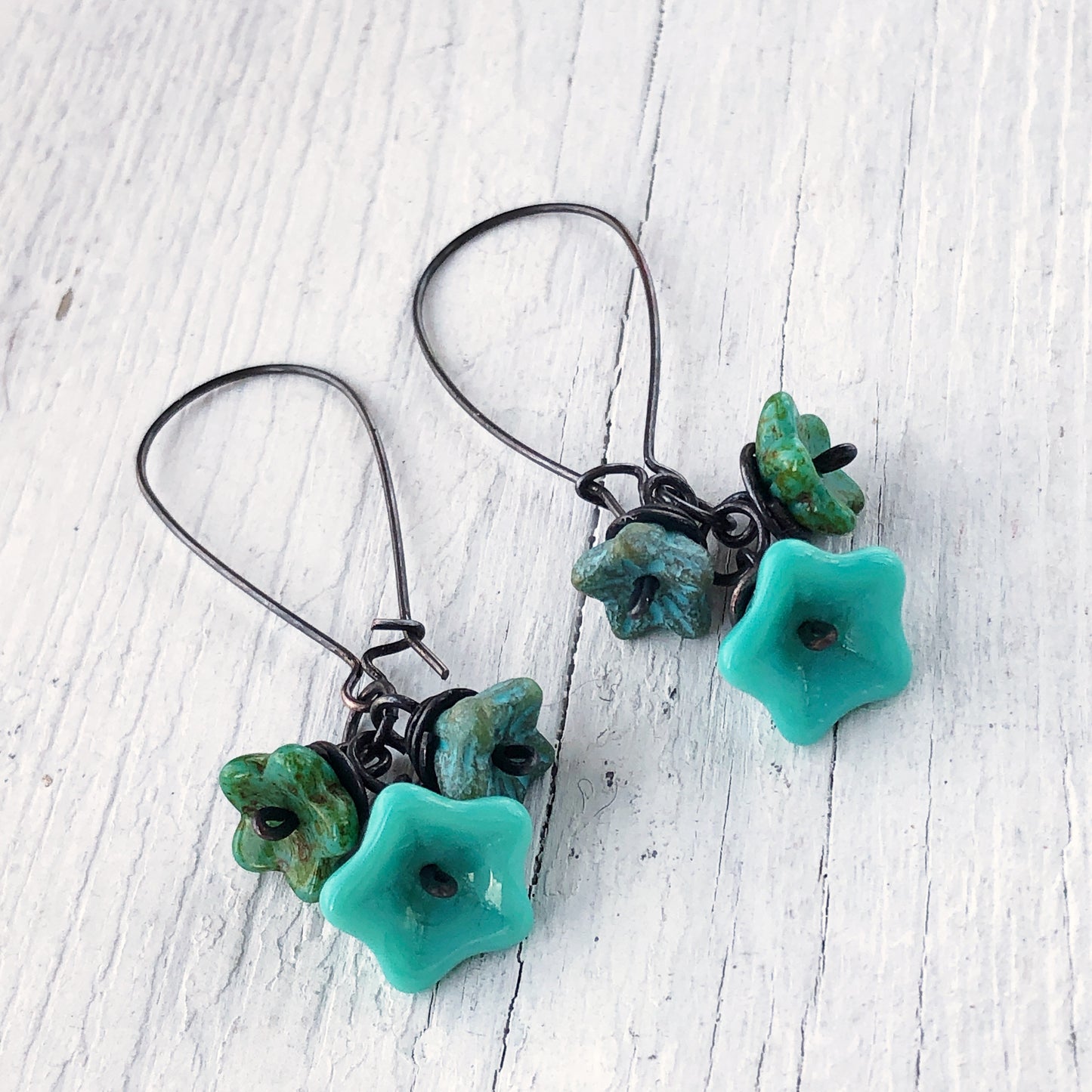 Turquoise Glass Flowers Copper Wirework Earrings