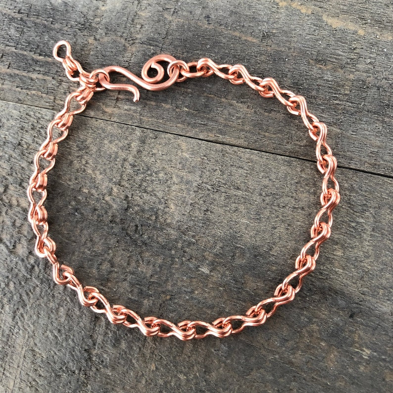 Copper Ladder Chain Bracelet or Anklet – Adjustable with Artisan Clasp, Smooth or Etched Links