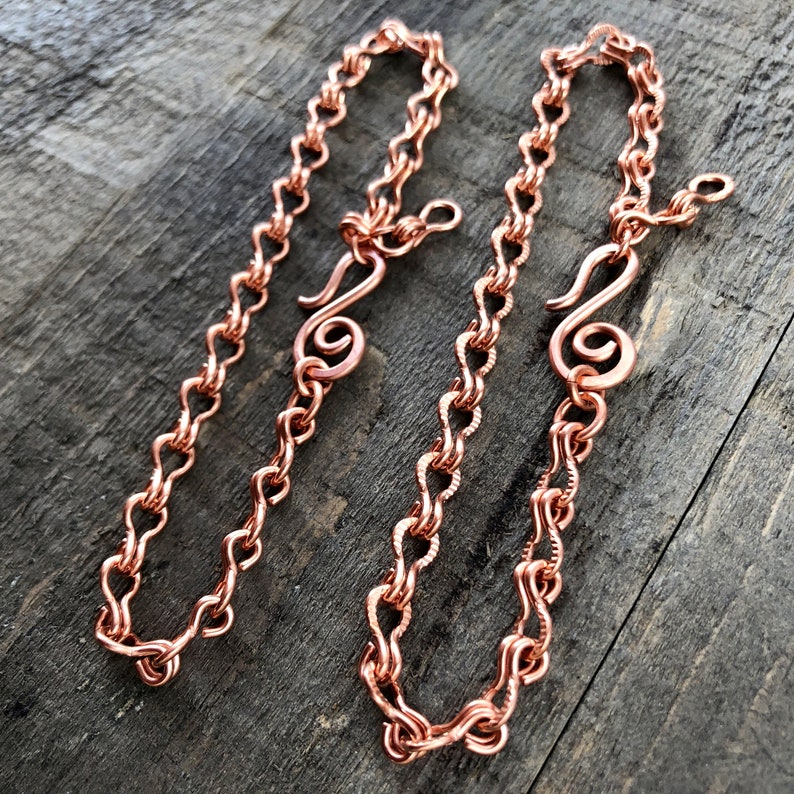 Copper Ladder Chain Bracelet or Anklet – Adjustable with Artisan Clasp, Smooth or Etched Links