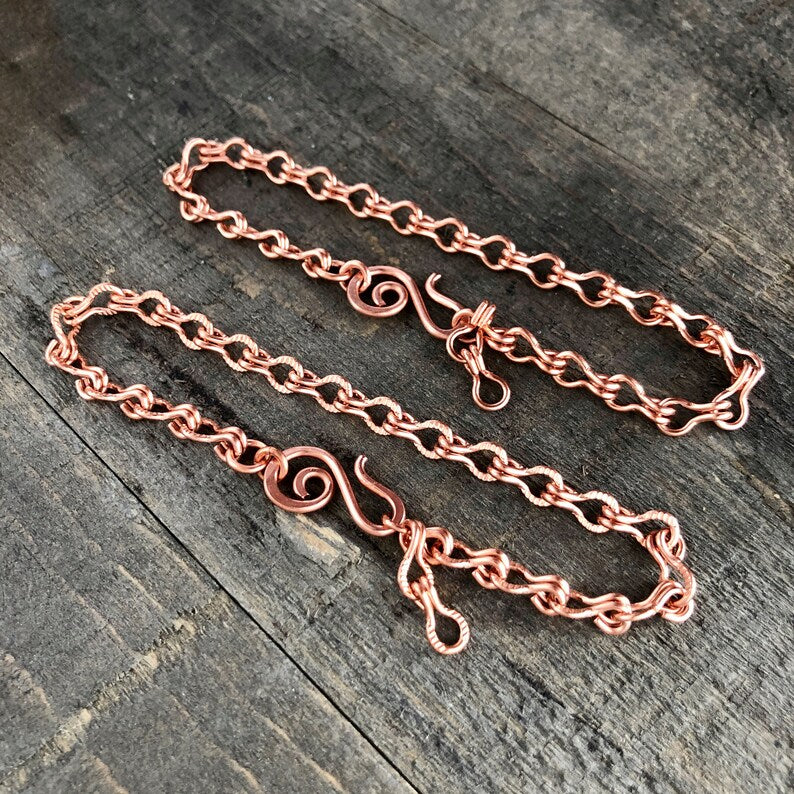 Copper Ladder Chain Bracelet or Anklet – Adjustable with Artisan Clasp, Smooth or Etched Links
