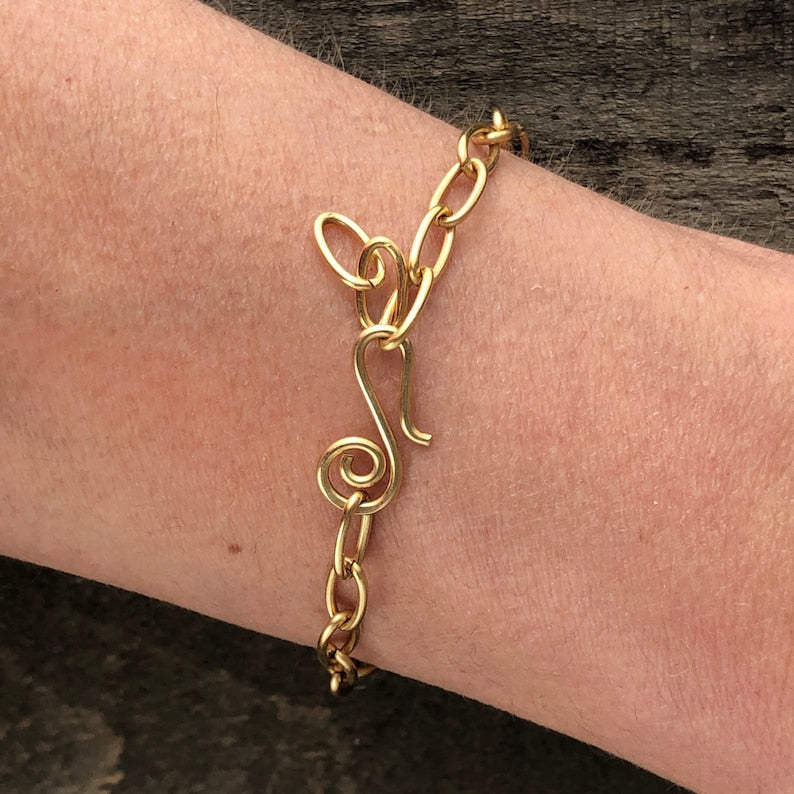 Gold Brass Adjustable Bracelet Chain, Paperclip Link Bracelet or AnkletGold Brass Adjustable Bracelet or Anklet – Handmade Paperclip Link with Artisan Clasp