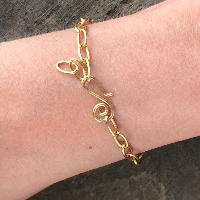 Gold Brass Adjustable Bracelet Chain, Paperclip Link Bracelet or AnkletGold Brass Adjustable Bracelet or Anklet – Handmade Paperclip Link with Artisan Clasp