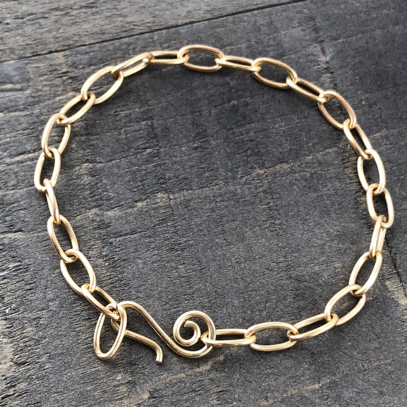 Gold Brass Adjustable Bracelet Chain, Paperclip Link Bracelet or AnkletGold Brass Adjustable Bracelet or Anklet – Handmade Paperclip Link with Artisan Clasp