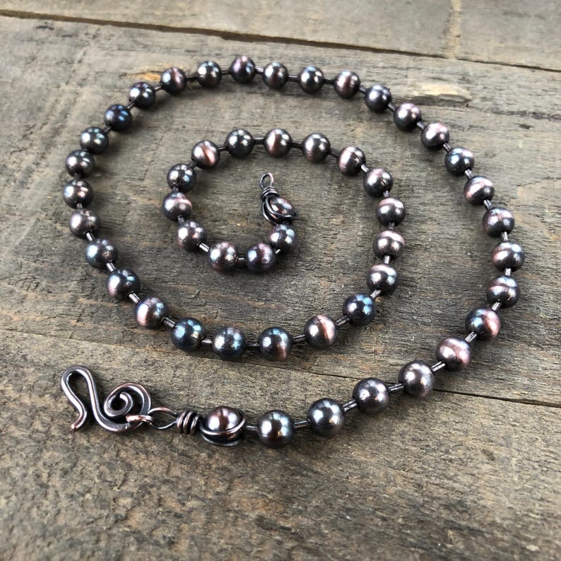Dark Patina 6mm Copper Ball Chain Necklace – Handmade Artisan Clasp, Custom Length