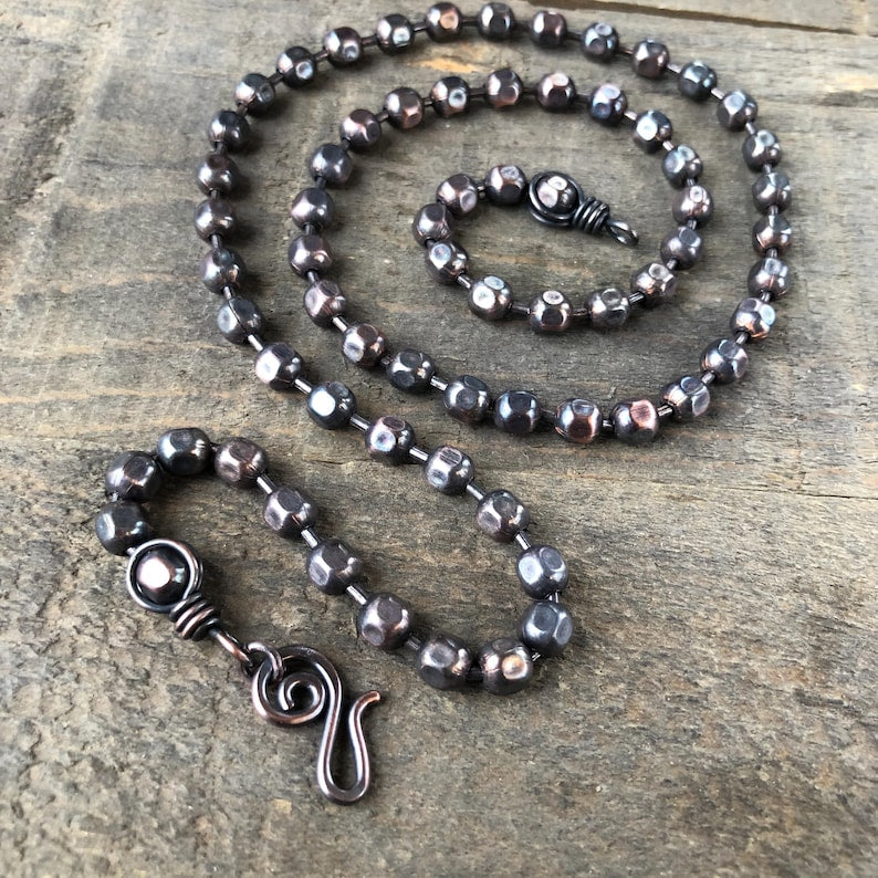 Textured 6mm Copper Ball Chain Necklace – Handmade Artisan Clasp, Oxidized Solid Copper