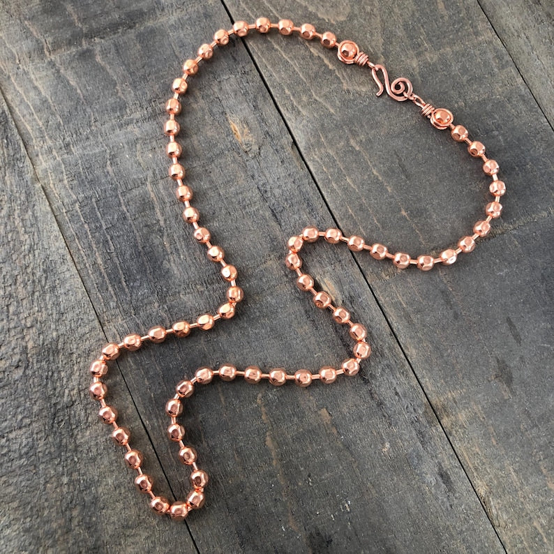 Chunky Textured Copper Necklace – 6mm Ball Chain with Wire-Wrapped Loops & Handmade Clasp