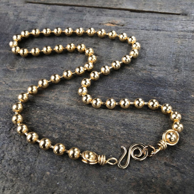 Chunky 6mm Brass Ball Chain Necklace – Handmade Artisan Clasp with Wire-Wrapped Loops