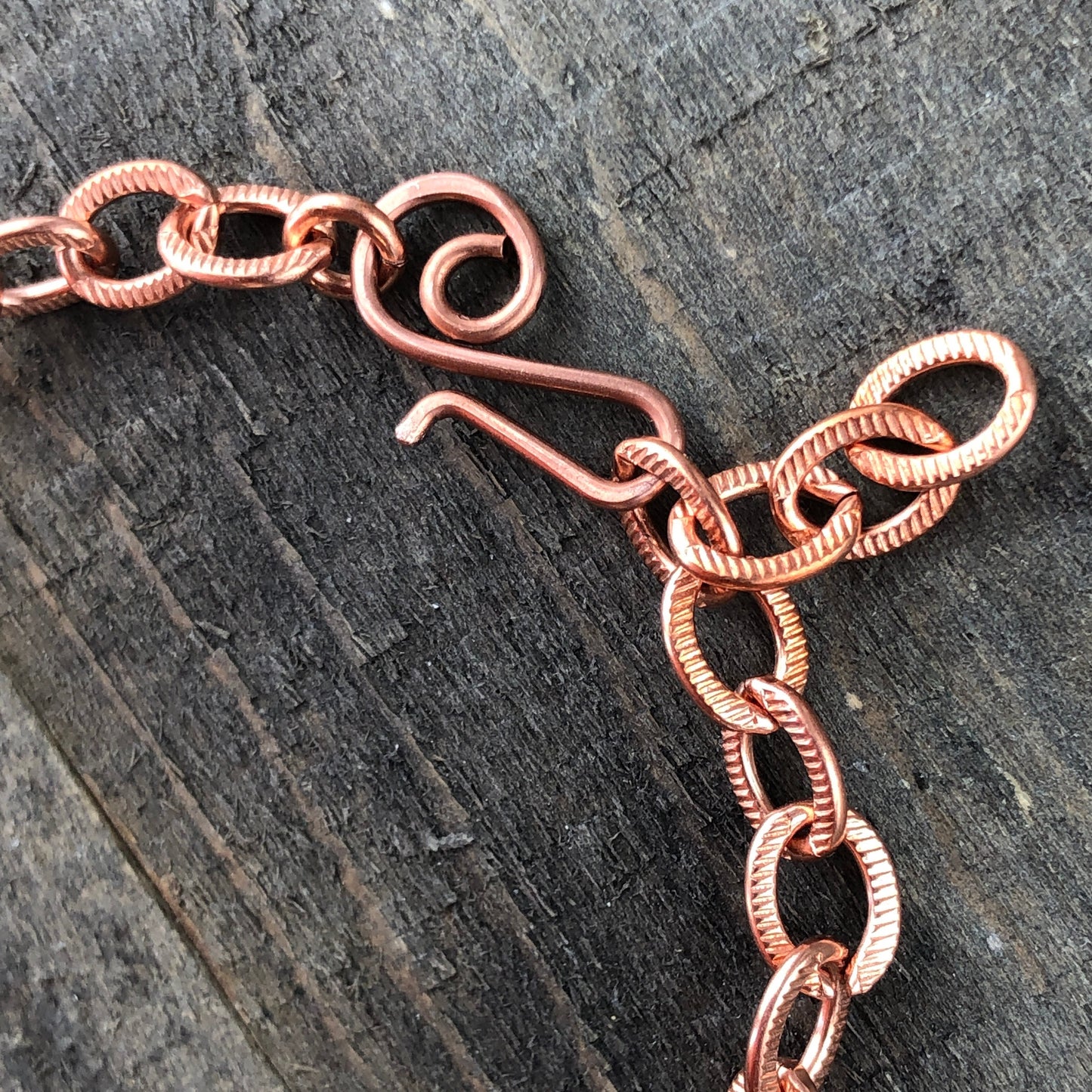 Copper Charm Bracelet or Anklet, Flat Etched Cable Link – Adjustable Handmade Artisan Clasp,