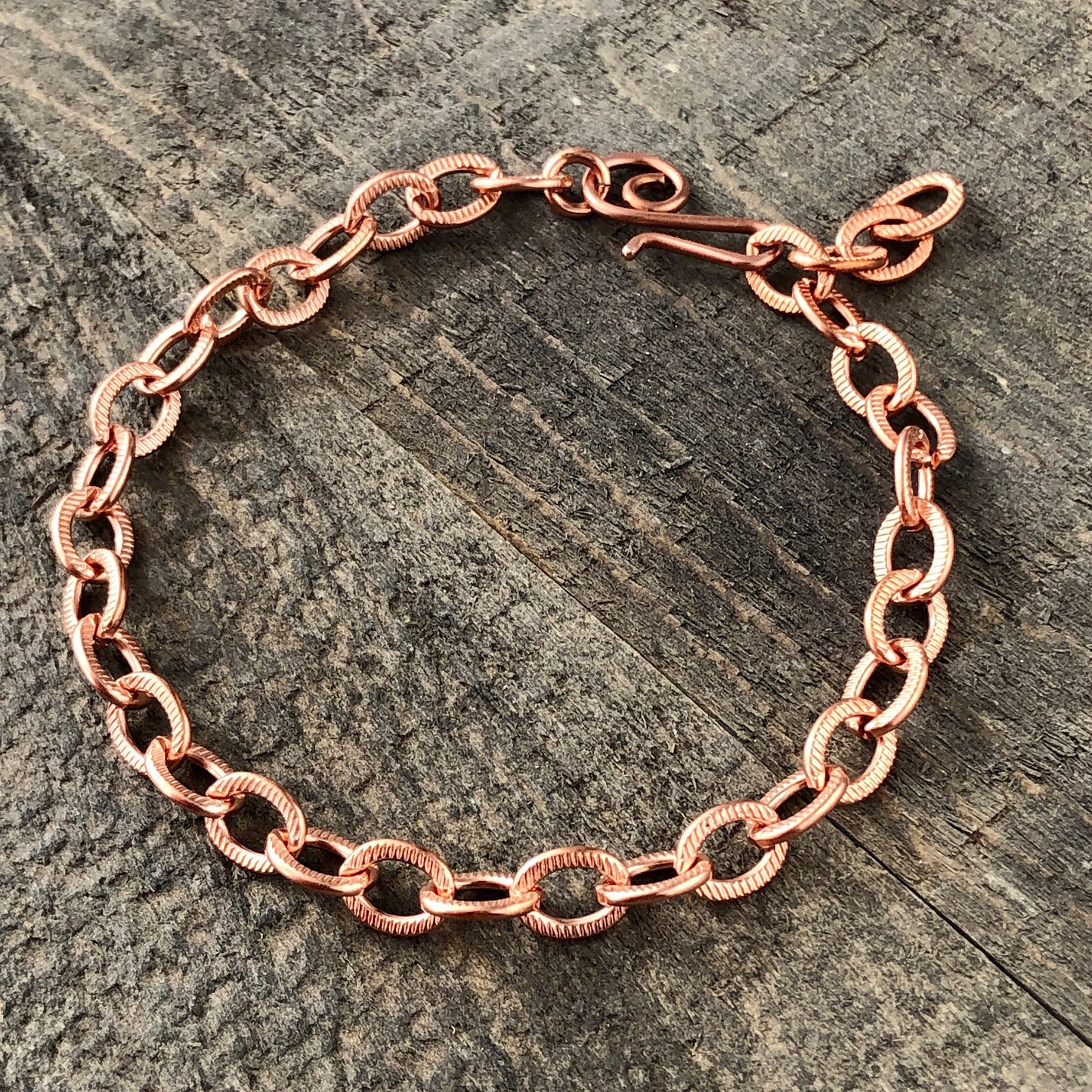 Copper Charm Bracelet or Anklet, Flat Etched Cable Link – Adjustable Handmade Artisan Clasp,
