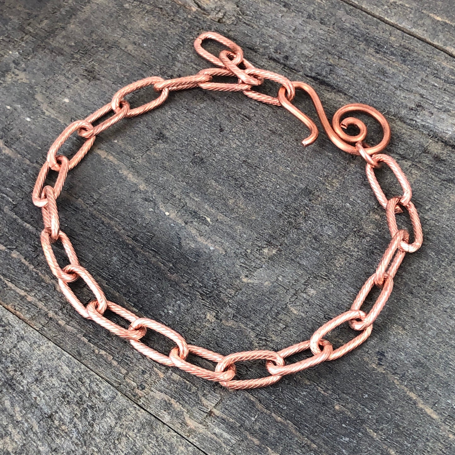 Paperclip Link Copper Bracelet or Anklet – Etched Spiral Pattern with Artisan Clasp, Adjustable
