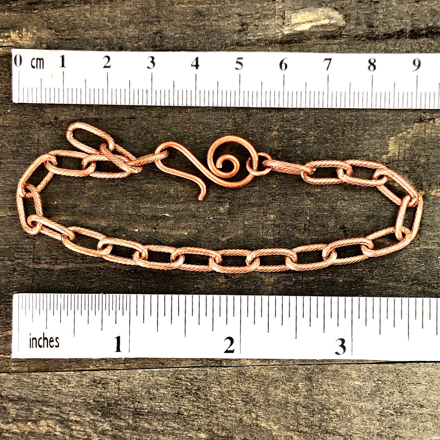 Paperclip Link Copper Bracelet or Anklet – Etched Spiral Pattern with Artisan Clasp, Adjustable