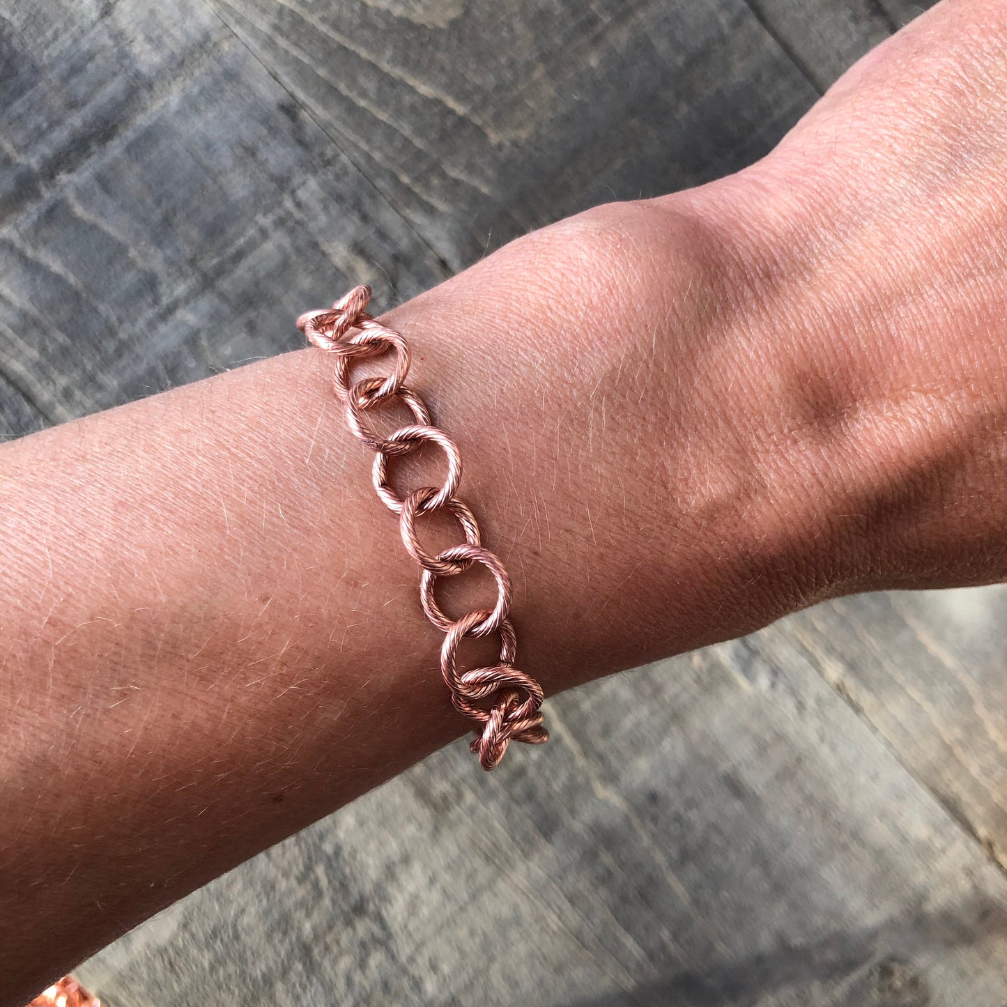 Etched Round Link Copper Bracelet or Anklet – Adjustable Artisan Clasp