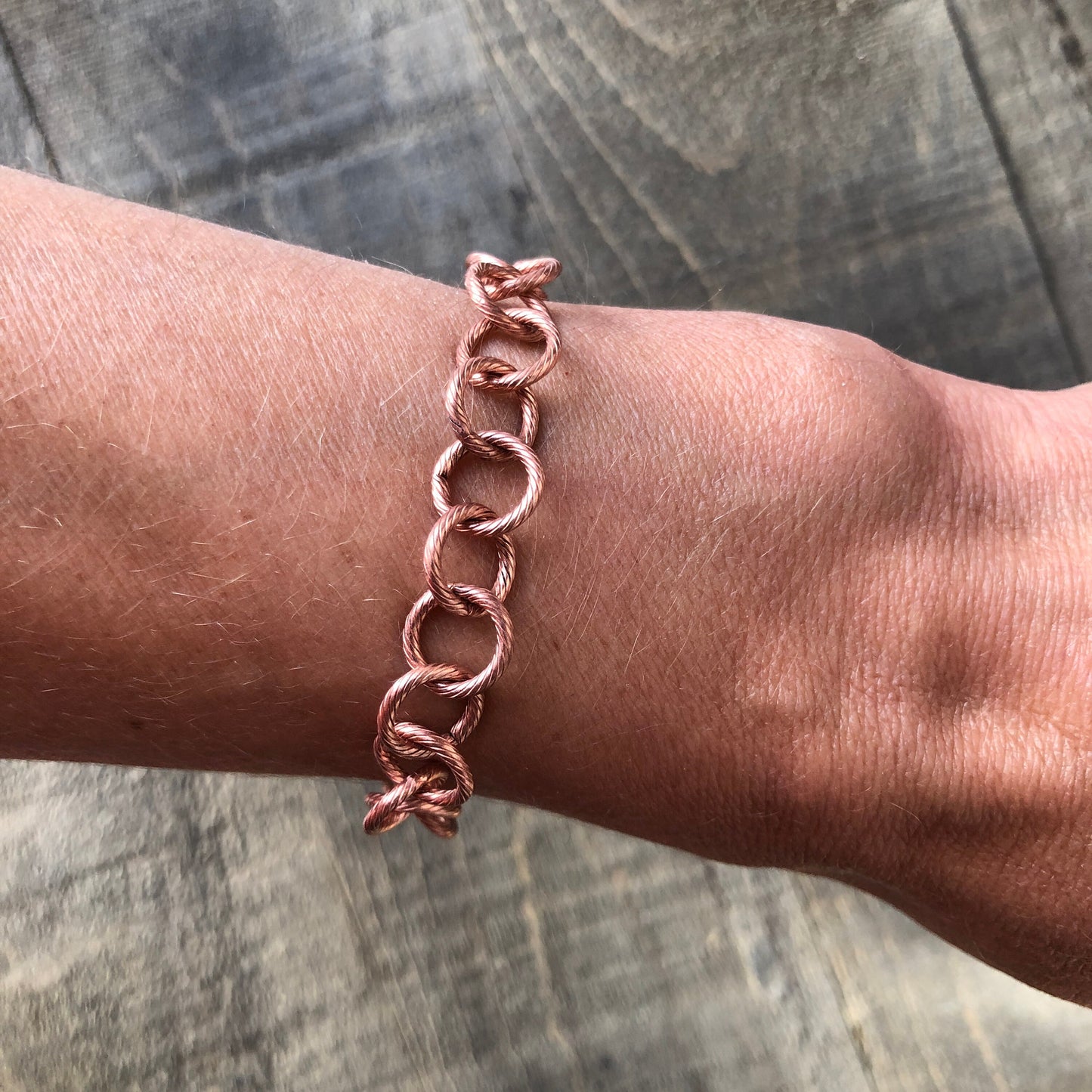 Etched Round Link Copper Bracelet or Anklet – Adjustable Artisan Clasp