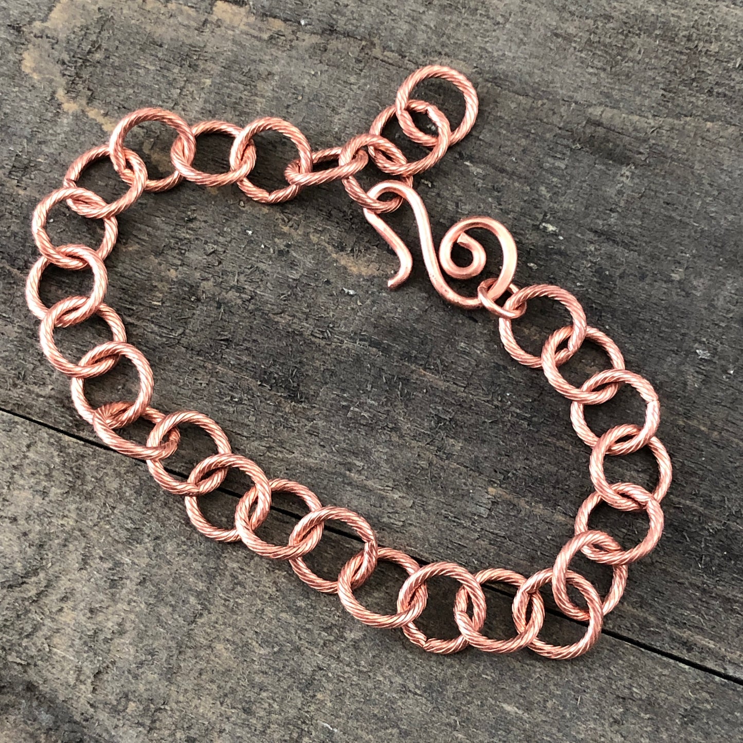 Etched Round Link Copper Bracelet or Anklet – Adjustable Artisan Clasp