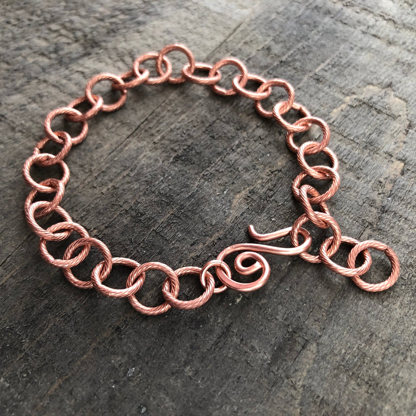 Etched Round Link Copper Bracelet or Anklet – Adjustable Artisan Clasp