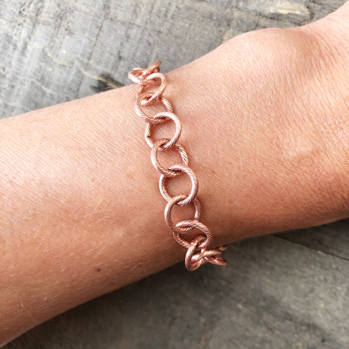 Etched Round Link Copper Bracelet or Anklet – Adjustable Artisan Clasp