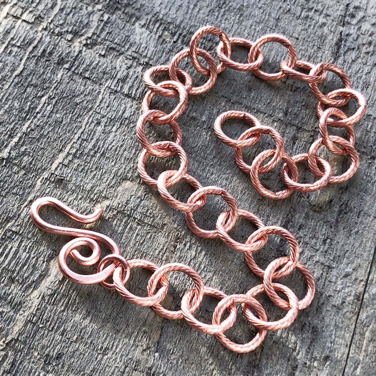Etched Round Link Copper Bracelet or Anklet – Adjustable Artisan Clasp