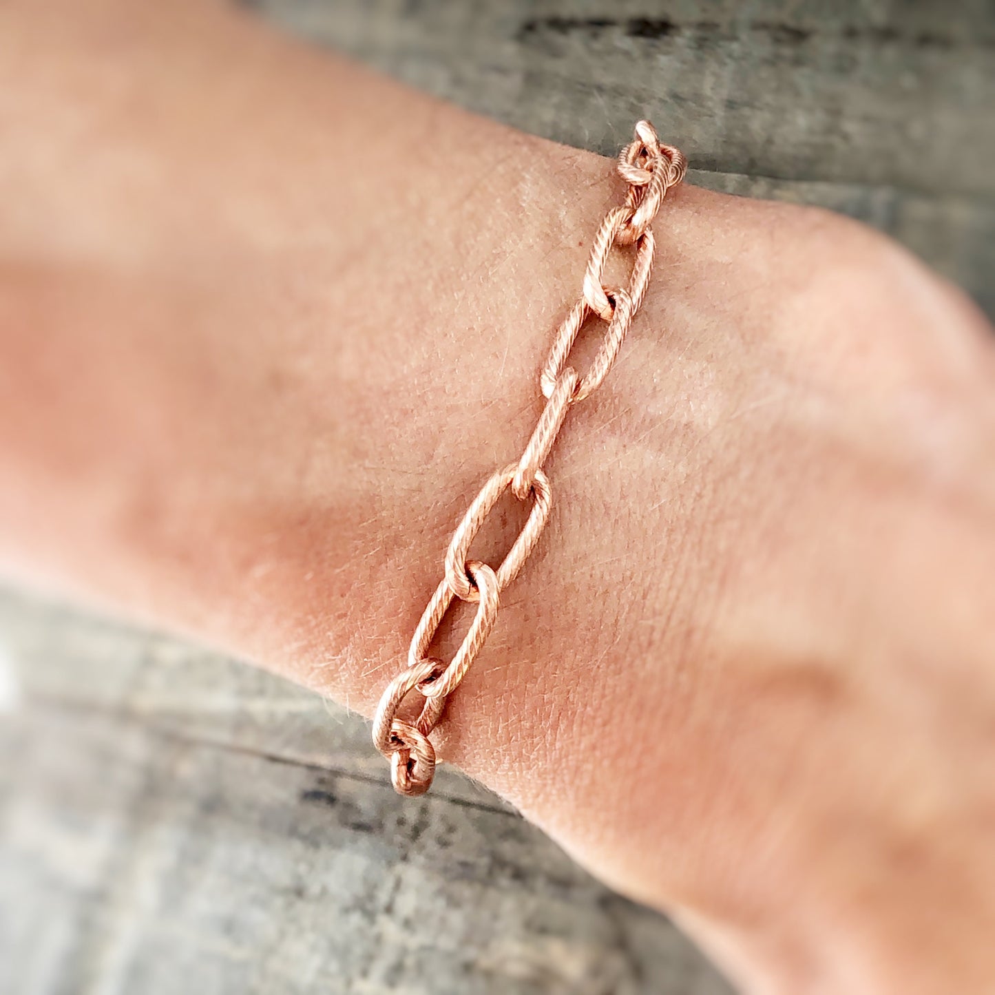 Paperclip Link Copper Bracelet or Anklet – Etched Spiral Pattern with Artisan Clasp, Adjustable