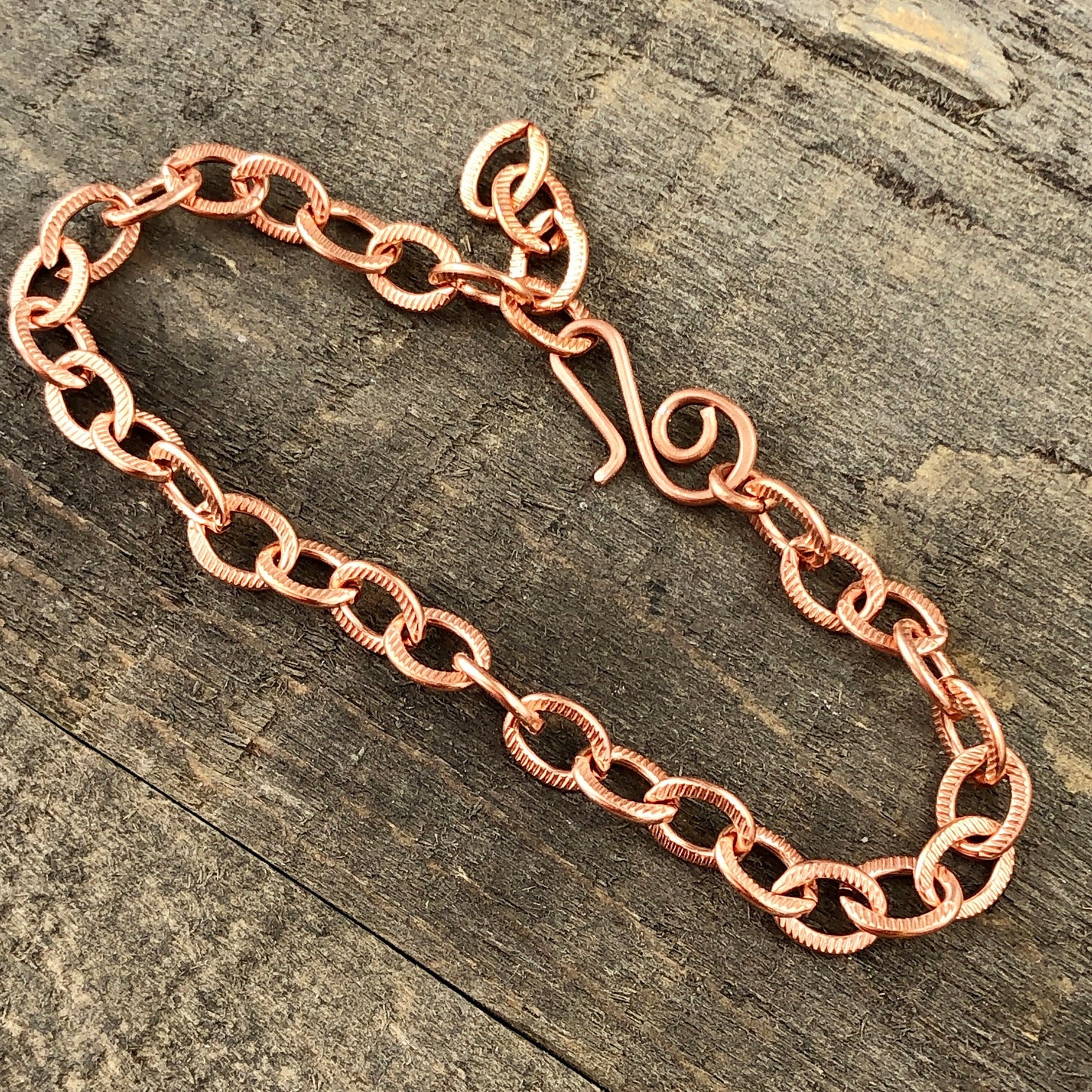 Copper Charm Bracelet or Anklet, Flat Etched Cable Link – Adjustable Handmade Artisan Clasp,