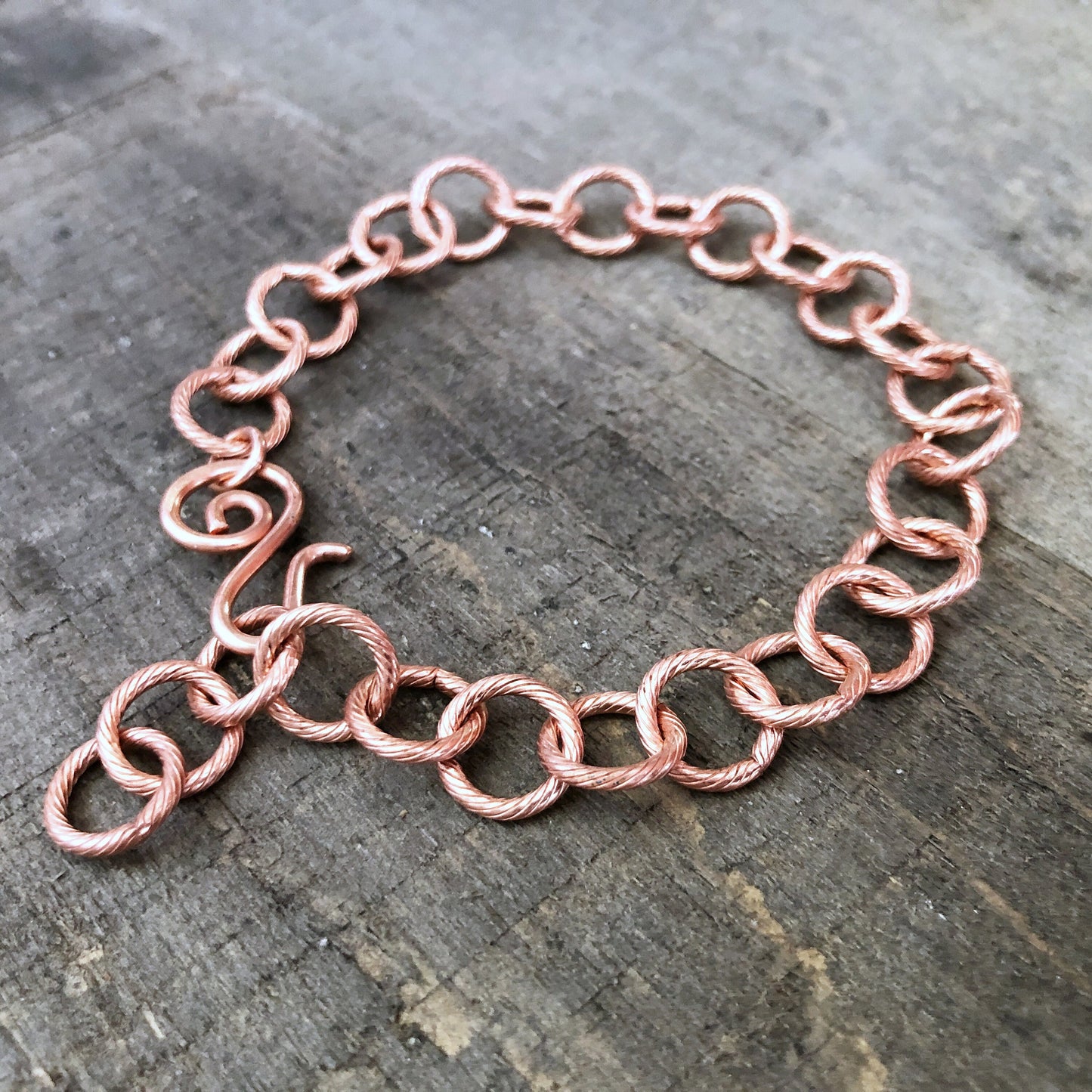 Etched Round Link Copper Bracelet or Anklet – Adjustable Artisan Clasp