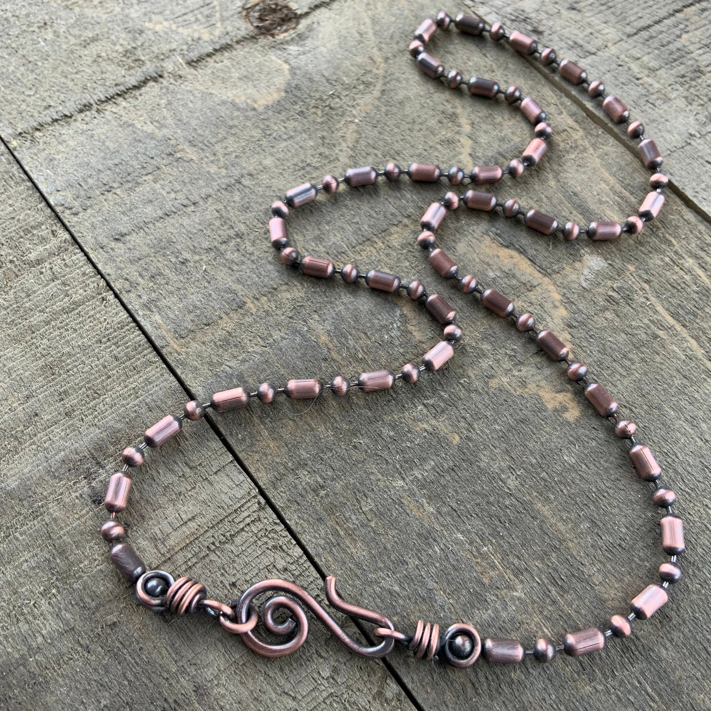 Oxidized Copper Necklace – 3.2mm Ball-Bar Chain with Handmade Artisan Clasp
