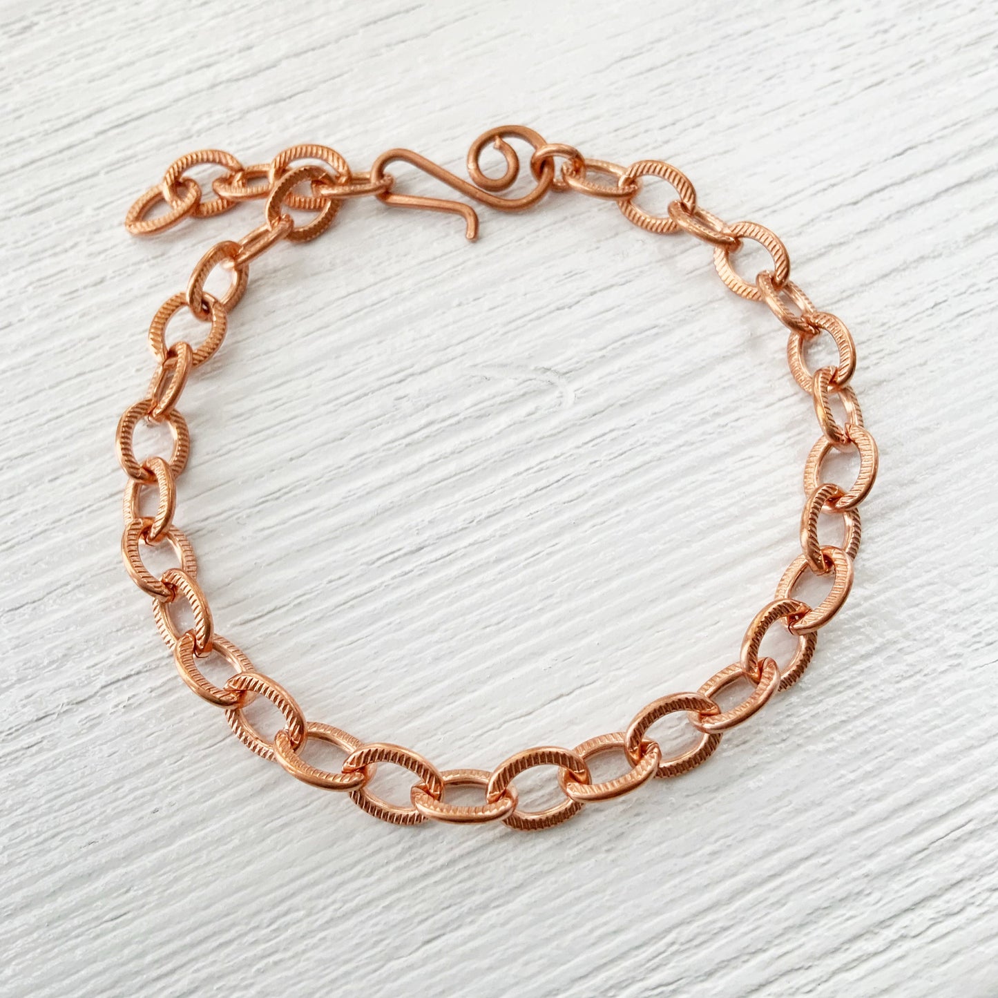 Copper Charm Bracelet or Anklet, Flat Etched Cable Link – Adjustable Handmade Artisan Clasp,