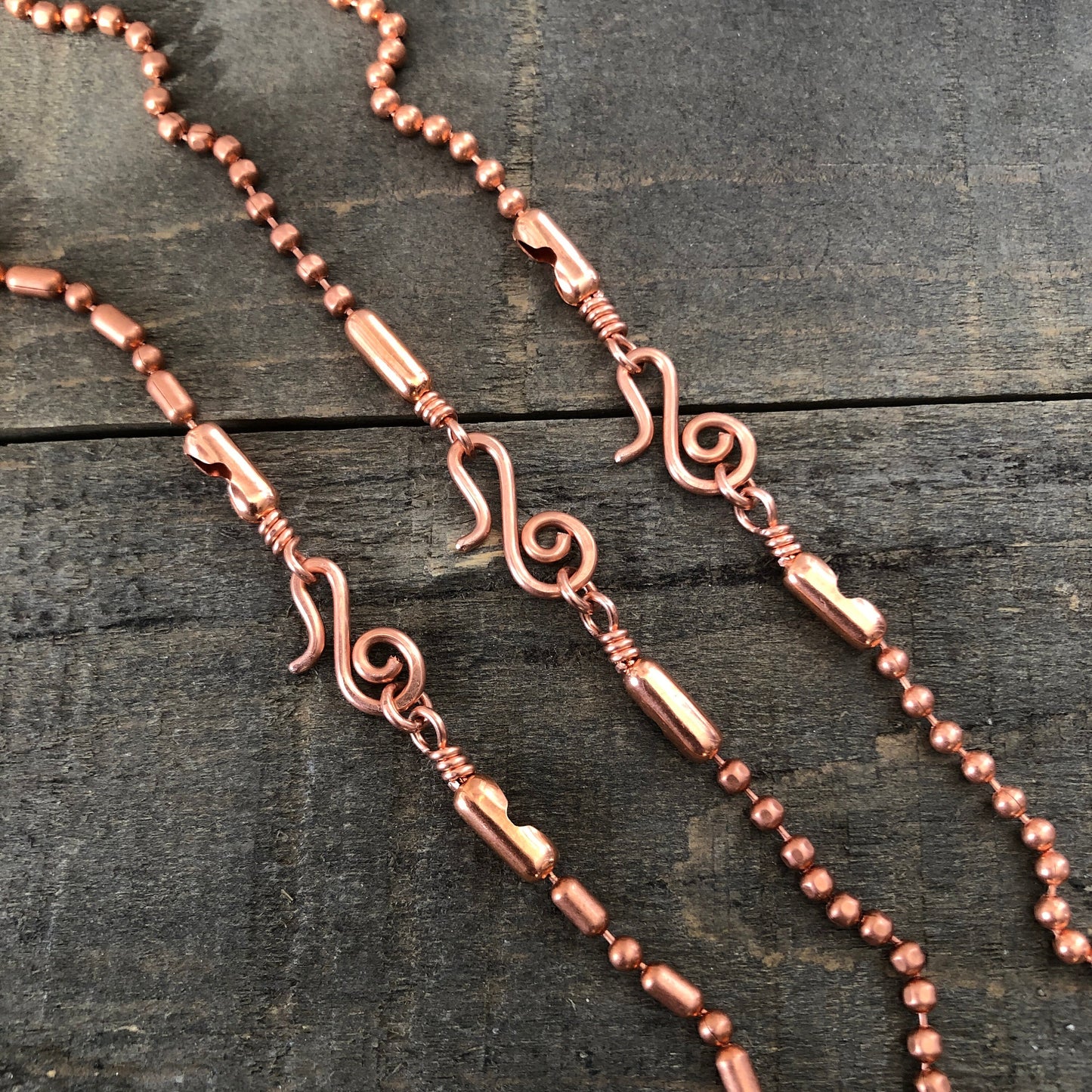 Copper Necklace with Swirl Hook Clasp – 3.2mm Ball Chain, Slide-On Pendant, Artisan Custom Length
