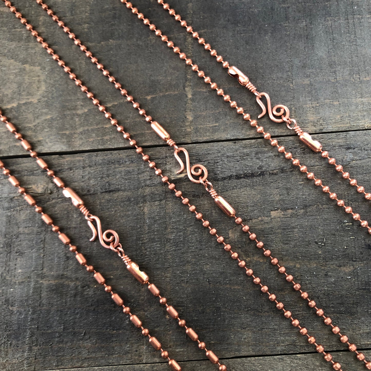 Copper Necklace with Swirl Hook Clasp – 3.2mm Ball Chain, Slide-On Pendant, Artisan Custom Length