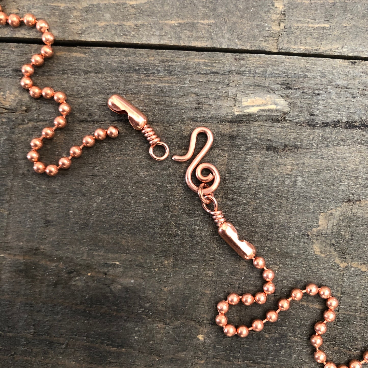 Copper Necklace with Swirl Hook Clasp – 3.2mm Ball Chain, Slide-On Pendant, Artisan Custom Length