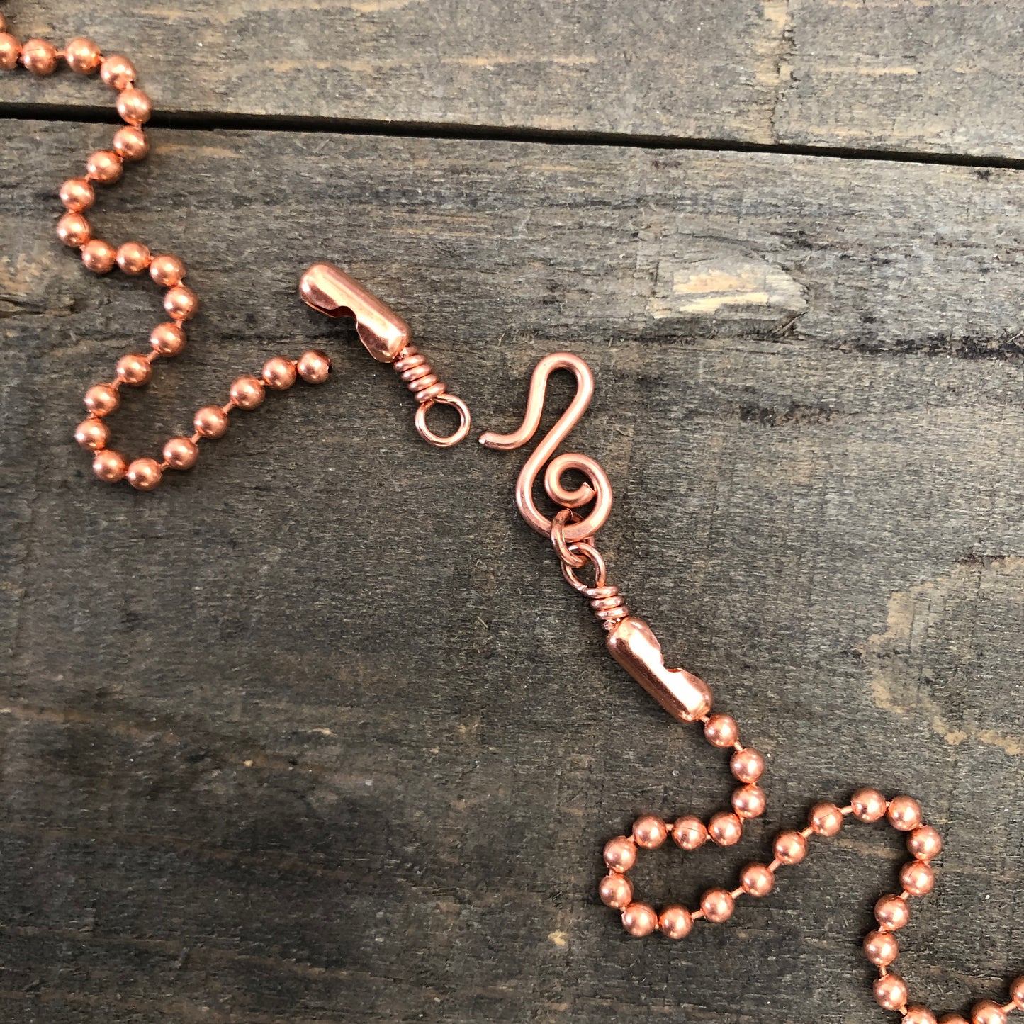 Copper Necklace with Swirl Hook Clasp – 3.2mm Ball Chain, Slide-On Pendant, Artisan Custom Length