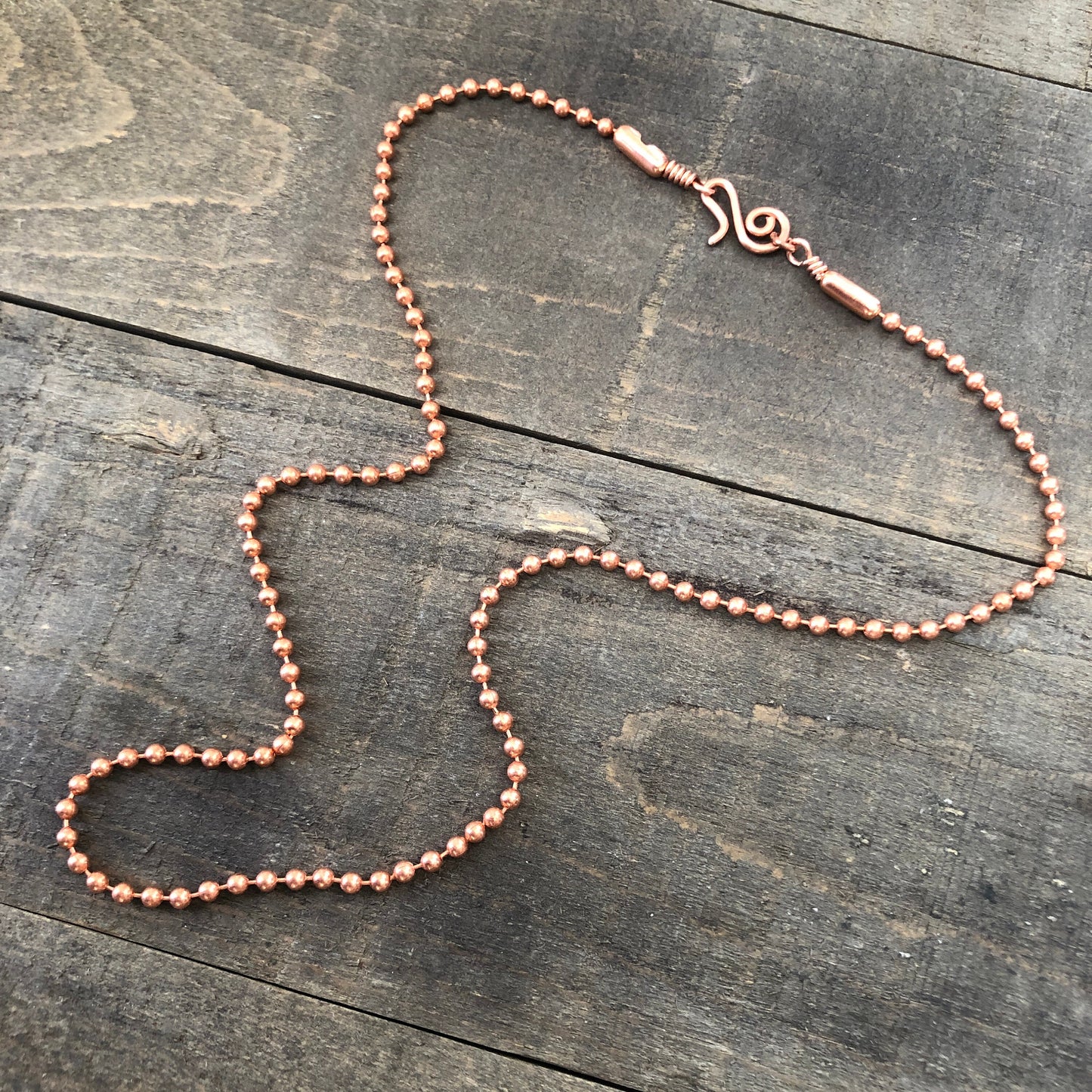 Copper Necklace with Swirl Hook Clasp – 3.2mm Ball Chain, Slide-On Pendant, Artisan Custom Length