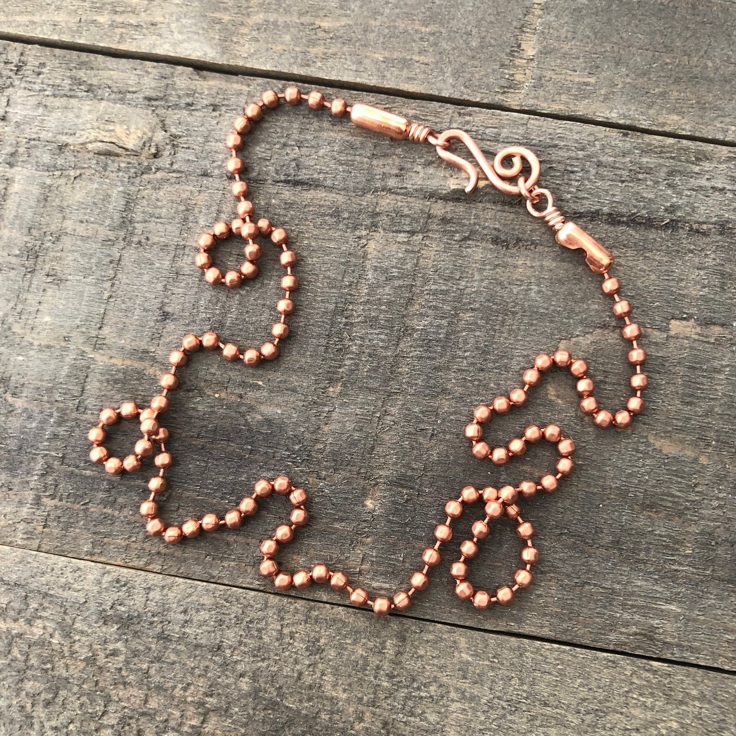 Copper Necklace with Swirl Hook Clasp – 3.2mm Ball Chain, Slide-On Pendant, Artisan Custom Length