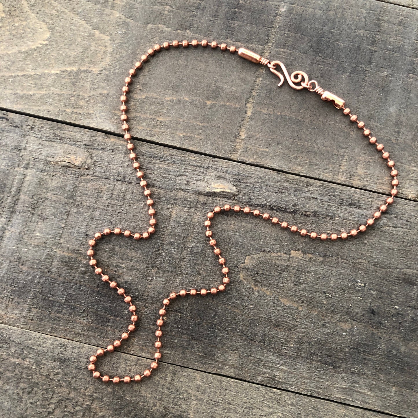 Copper Necklace with Swirl Hook Clasp – 3.2mm Ball Chain, Slide-On Pendant, Artisan Custom Length