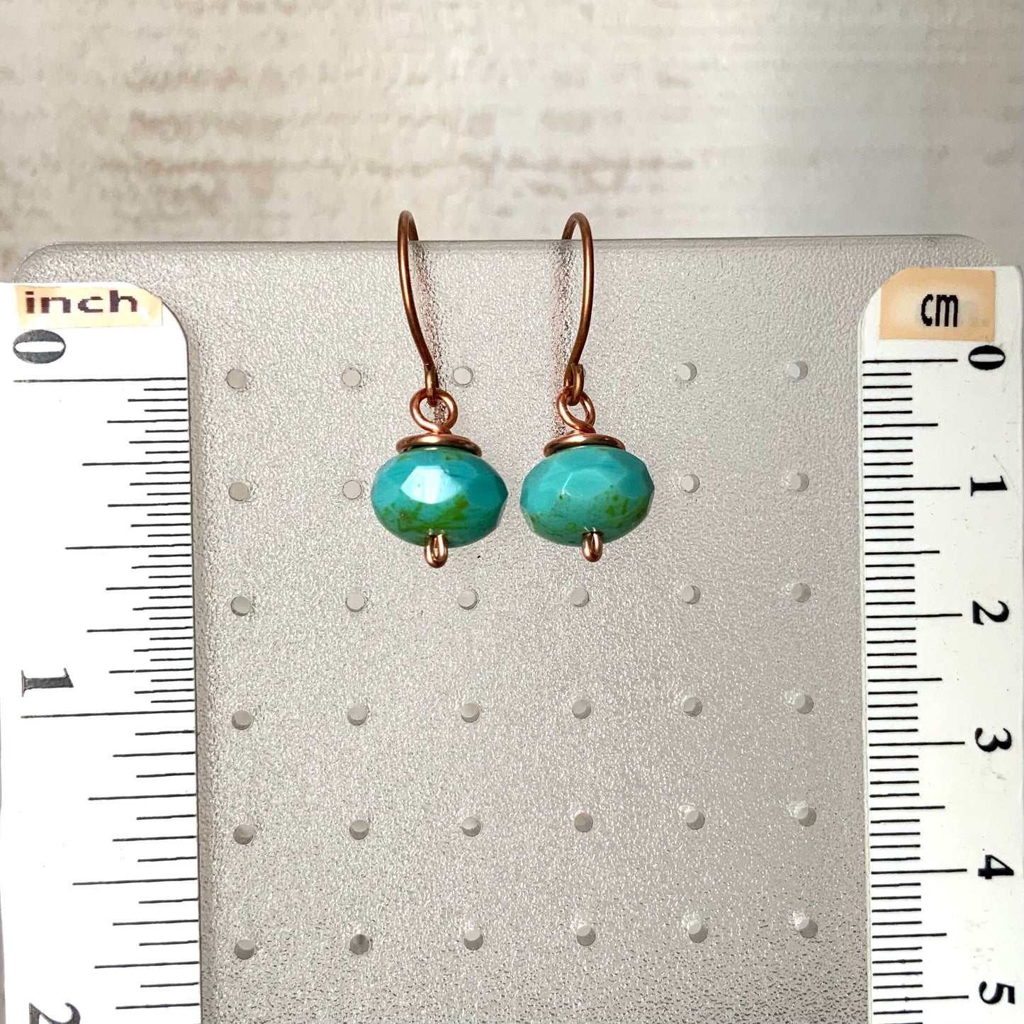 Turquoise Czech Glass Copper Earrings – Handmade Wire-Wrapped Aqua Drop, Minimalist Everyday