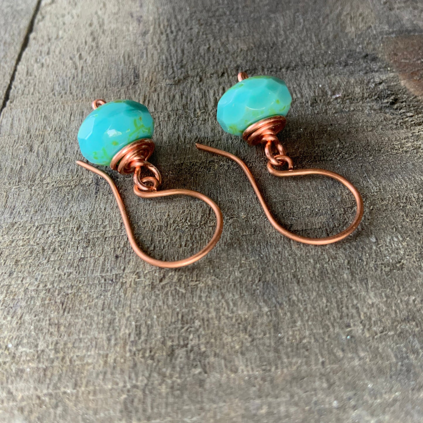 Turquoise Czech Glass Copper Earrings – Handmade Wire-Wrapped Aqua Drop, Minimalist Everyday