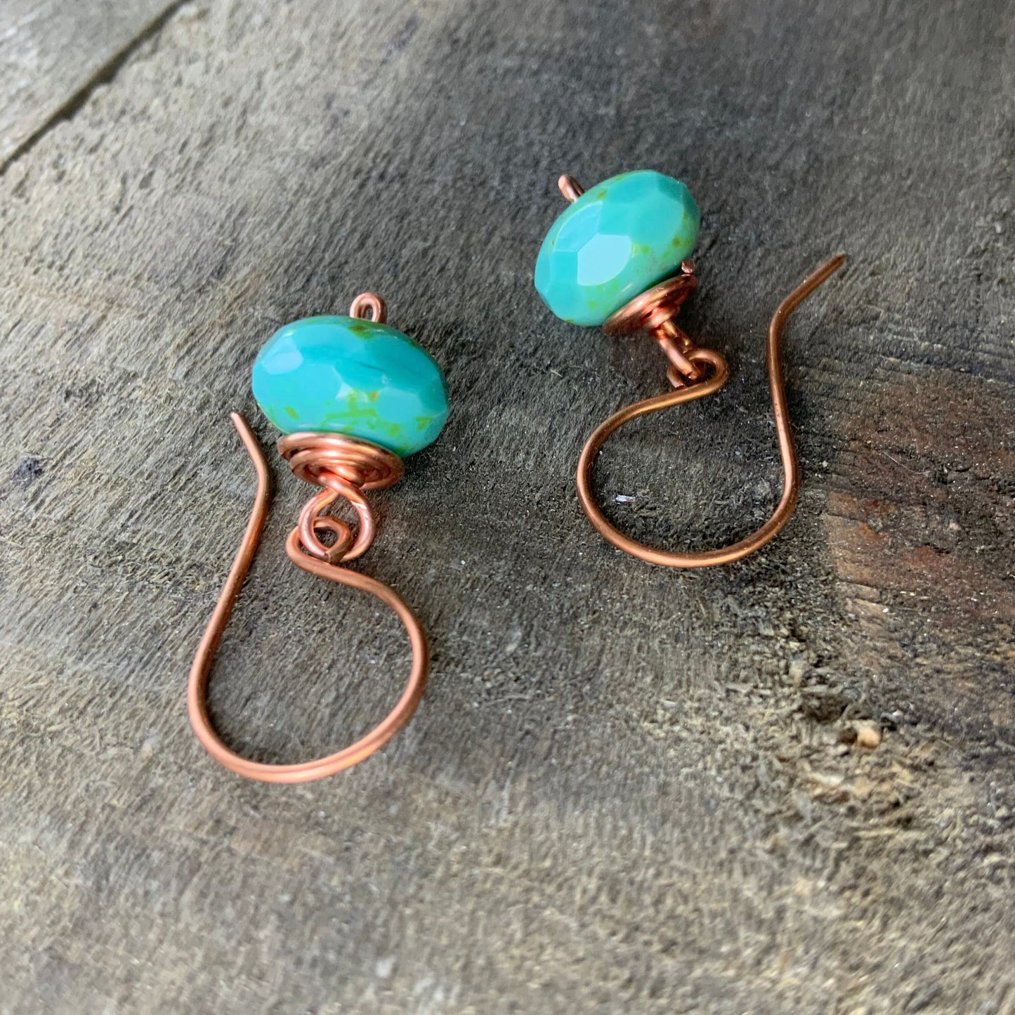 Turquoise Czech Glass Copper Earrings – Handmade Wire-Wrapped Aqua Drop, Minimalist Everyday