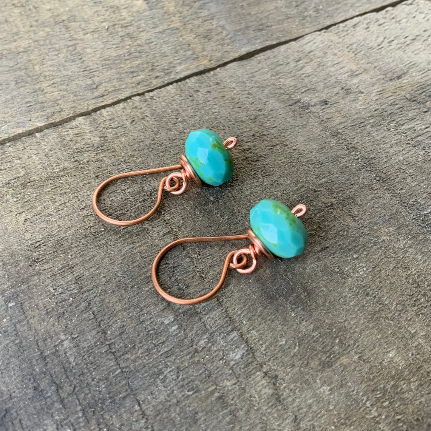 Turquoise Czech Glass Copper Earrings – Handmade Wire-Wrapped Aqua Drop, Minimalist Everyday