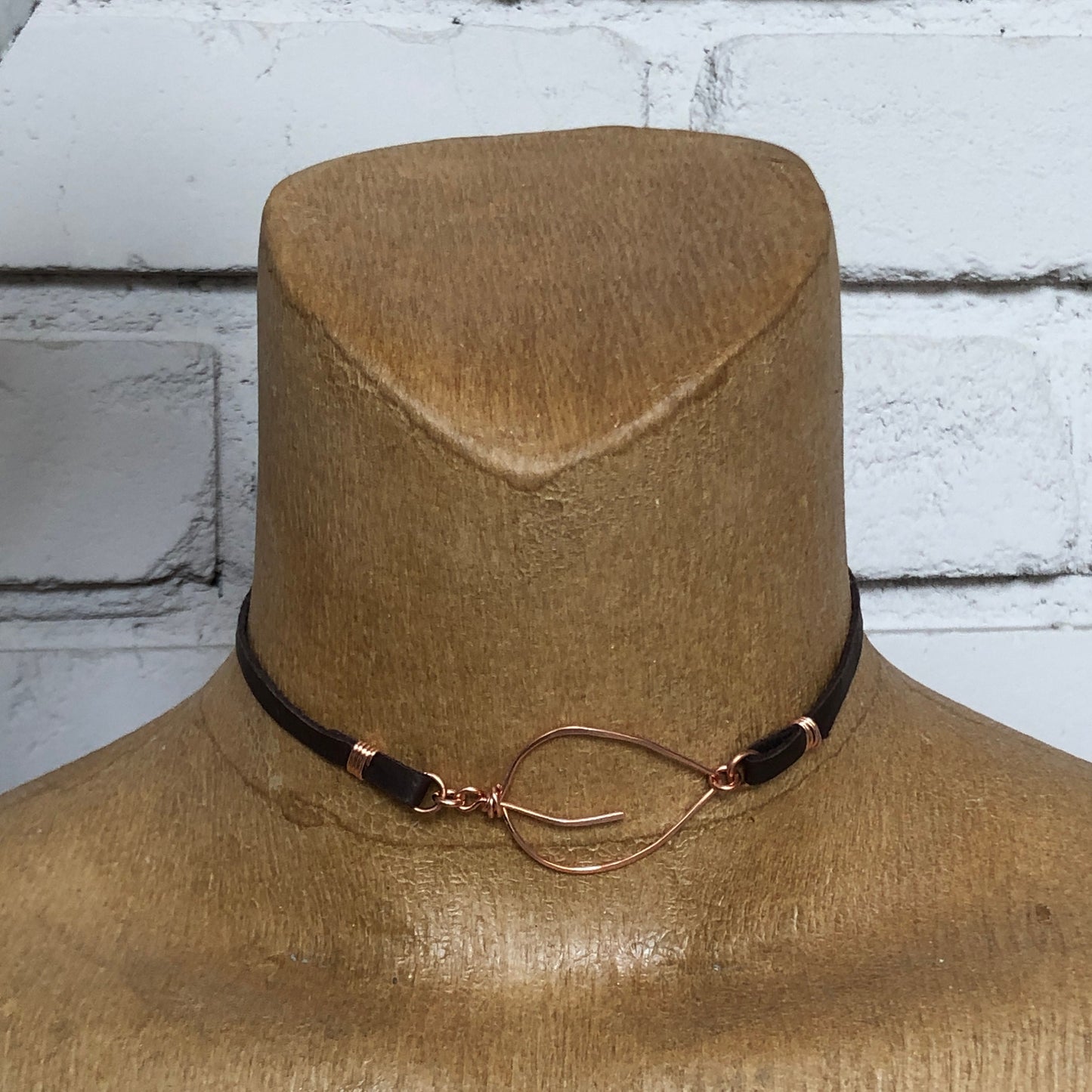 Copper Leaf Choker or Wrap Bracelet – Handmade Wirework Pendant on Brown Leather Lace