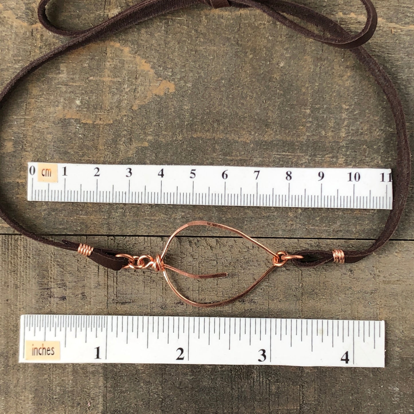 Copper Leaf Choker or Wrap Bracelet – Handmade Wirework Pendant on Brown Leather Lace