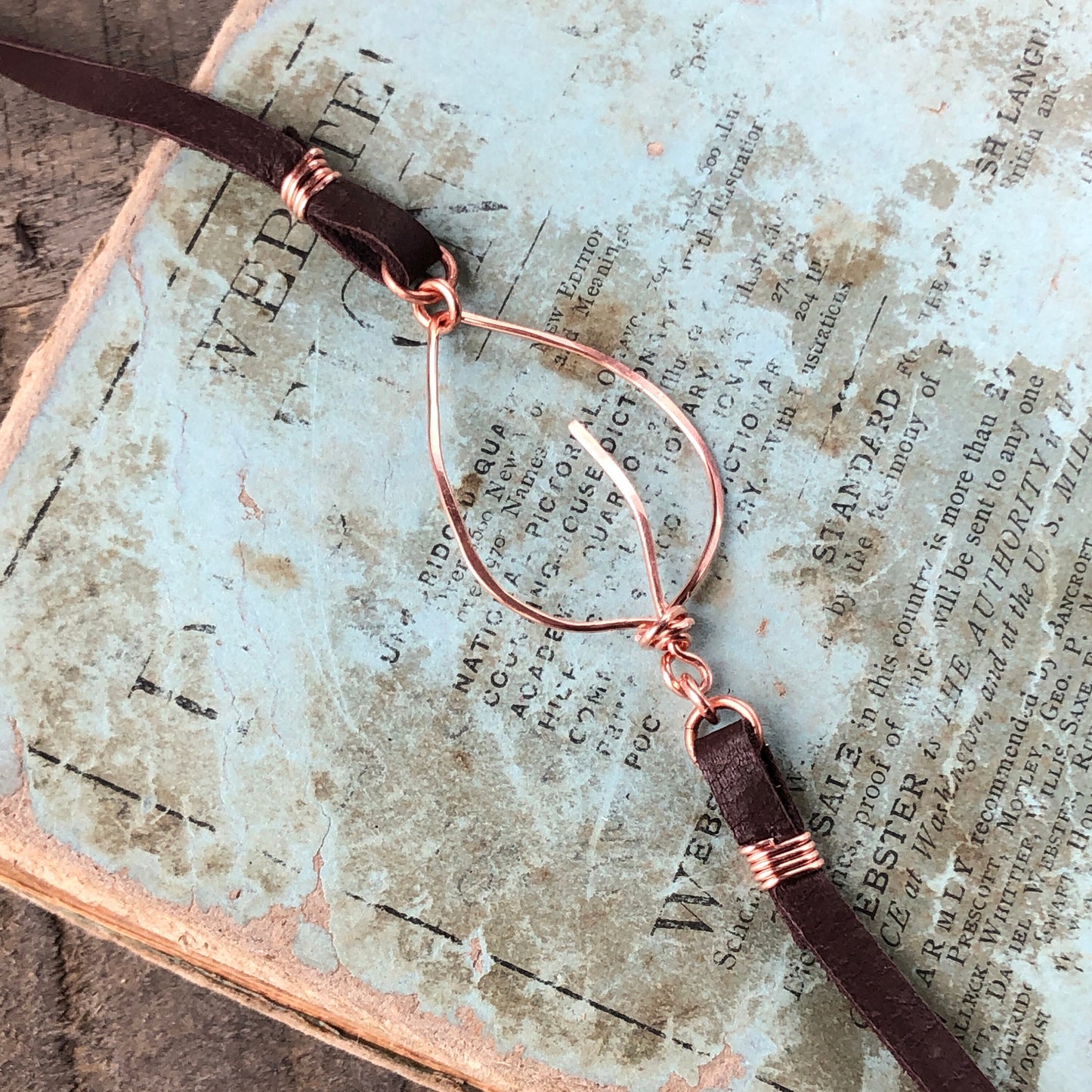 Copper Leaf Choker or Wrap Bracelet – Handmade Wirework Pendant on Brown Leather Lace