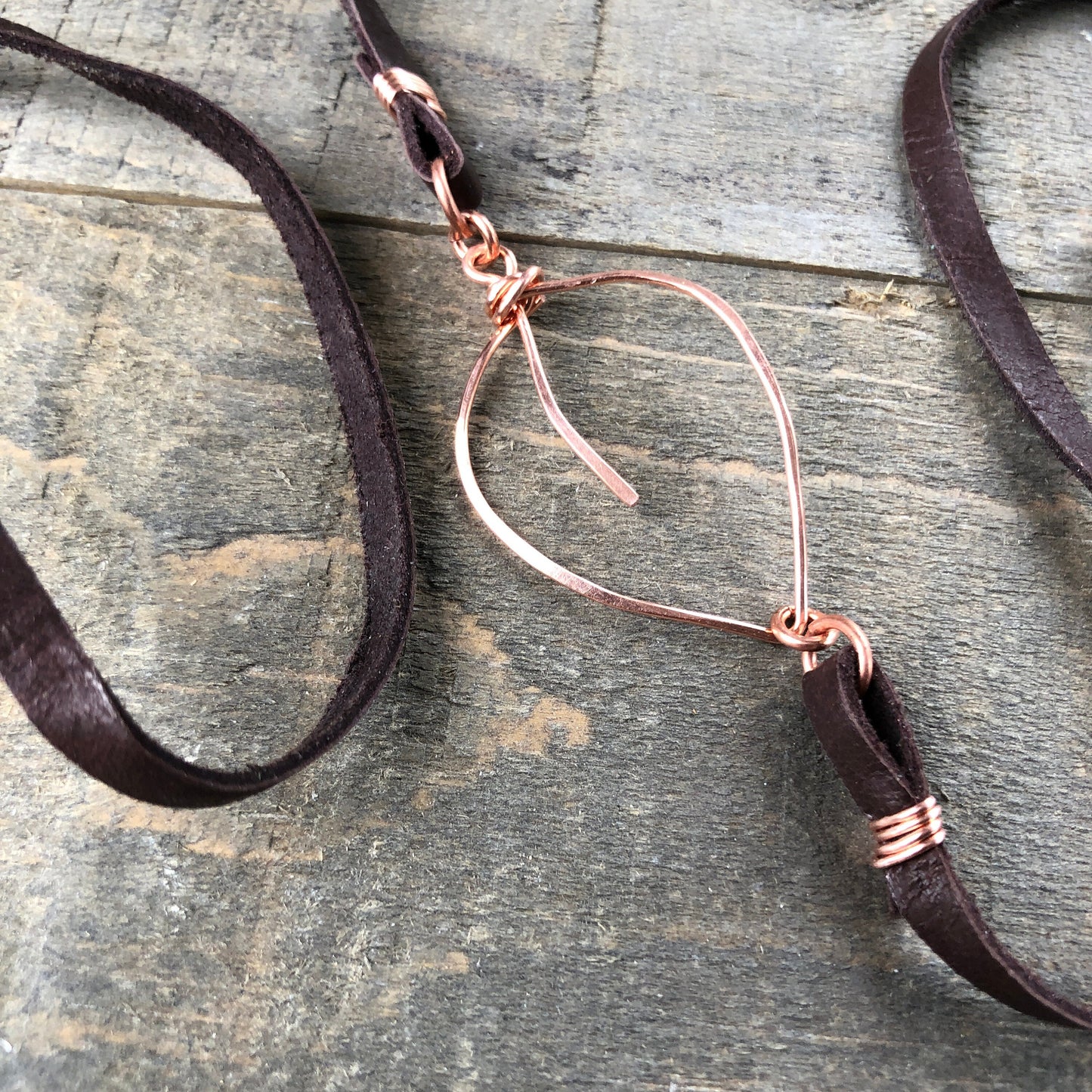 Copper Leaf Choker or Wrap Bracelet – Handmade Wirework Pendant on Brown Leather Lace