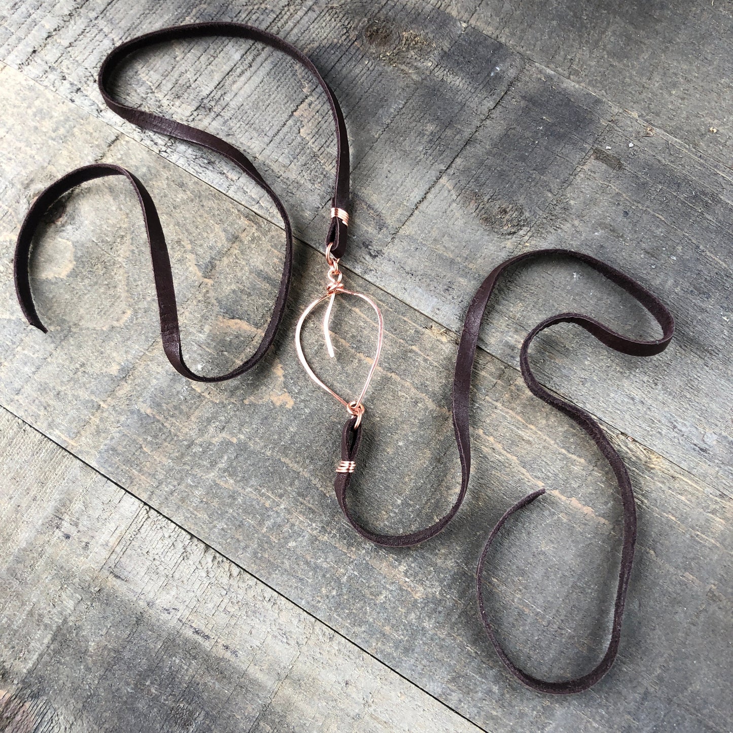 Copper Leaf Choker or Wrap Bracelet – Handmade Wirework Pendant on Brown Leather Lace