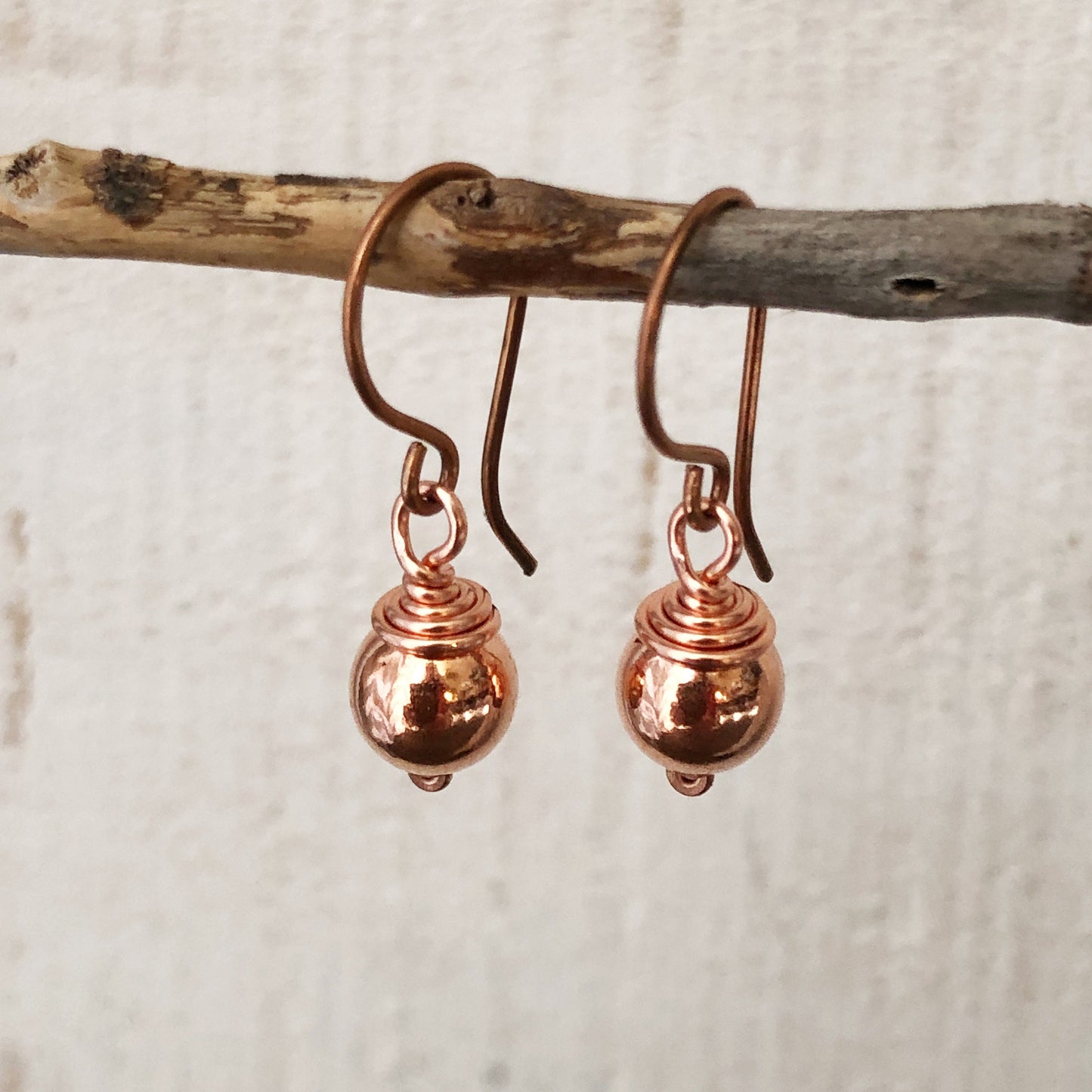 Pure Copper Ball Drop Earrings – Handmade Wire-Wrapped, 8mm Ball Lightweight