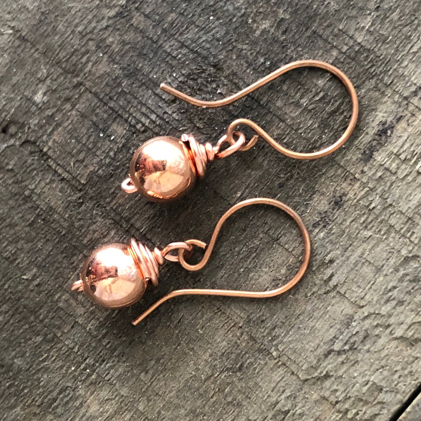 Pure Copper Ball Drop Earrings – Handmade Wire-Wrapped, 8mm Ball Lightweight